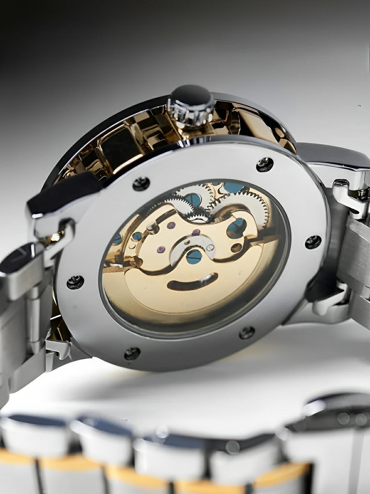 Montre mécanique squelette homme, mouvement automatique, cadran ajouré, bracelet acier, design luxueux, modèle Waylon - Montre - Argent et or