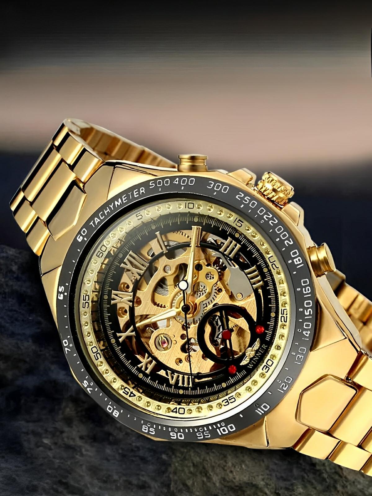 Montre squelette mécanique, cadran transparent, acier inoxydable, mouvement automatique, design luxueux, modèle Denzel - Montre - Or