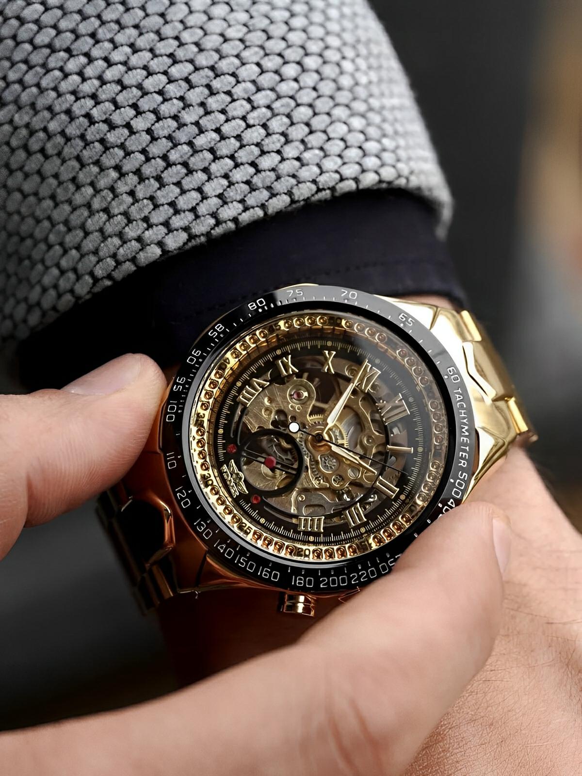 Montre squelette mécanique, cadran transparent, acier inoxydable, mouvement automatique, design luxueux, modèle Denzel - Montre - Or