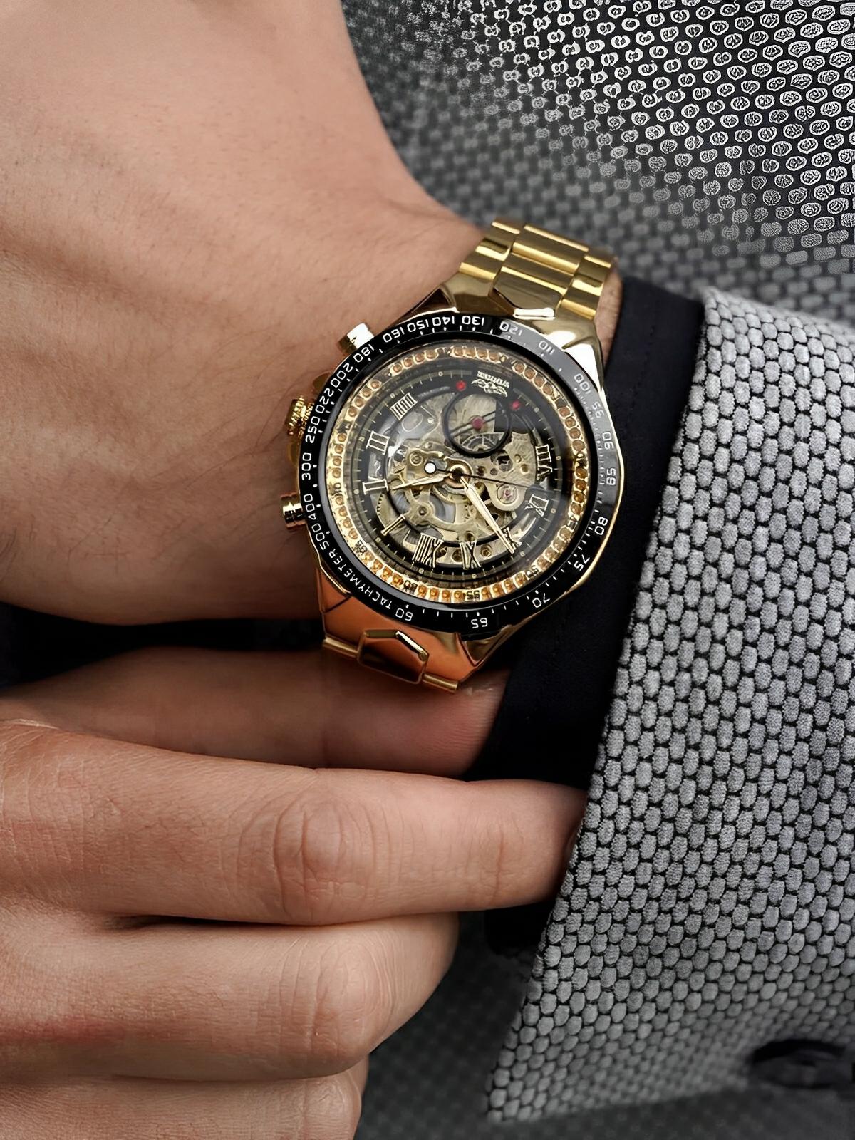 Montre squelette mécanique, cadran transparent, acier inoxydable, mouvement automatique, design luxueux, modèle Denzel - Montre - Or