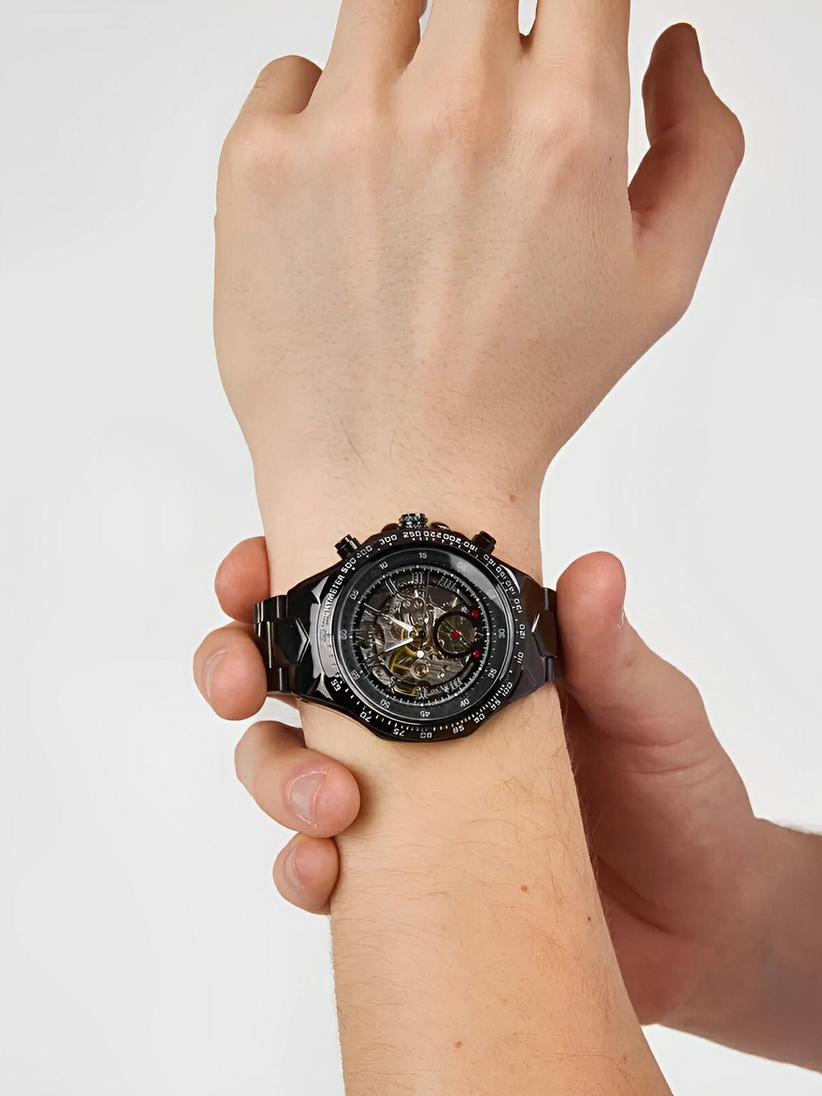 Montre squelette mécanique, cadran transparent, acier inoxydable, mouvement automatique, design luxueux, modèle Denzel - Montre - Noir