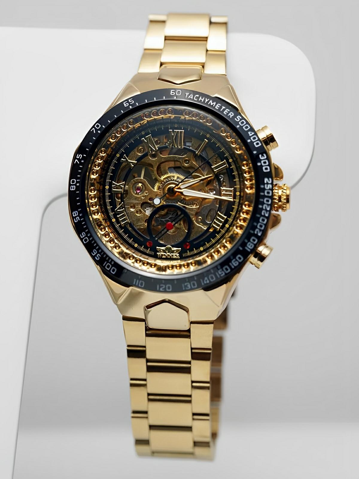 Montre squelette mécanique, cadran transparent, acier inoxydable, mouvement automatique, design luxueux, modèle Denzel - Montre - Or