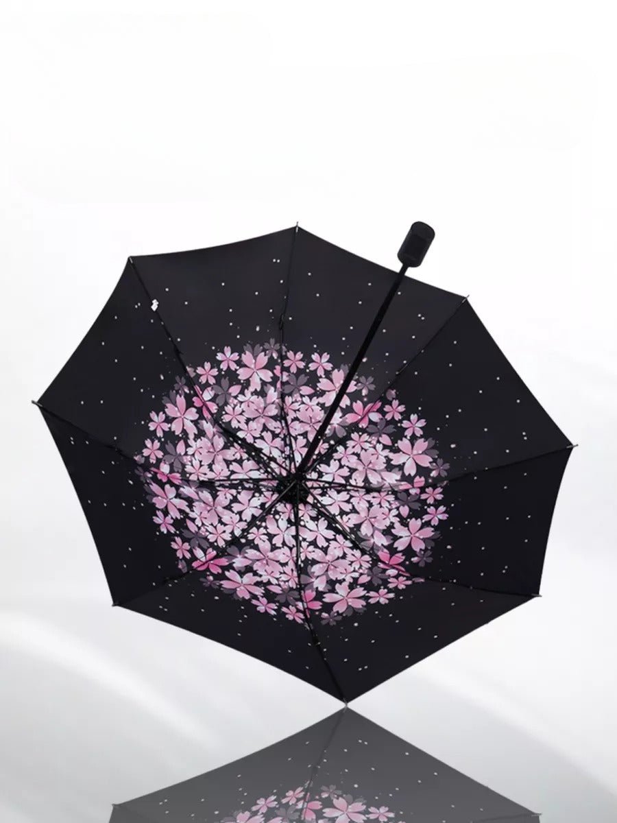 Parapluie pliant compact, protection UV, motif fleurs de cerisier, résistant et léger, idéal pour sac à main, modèle Okoa - Sacoche - Noir