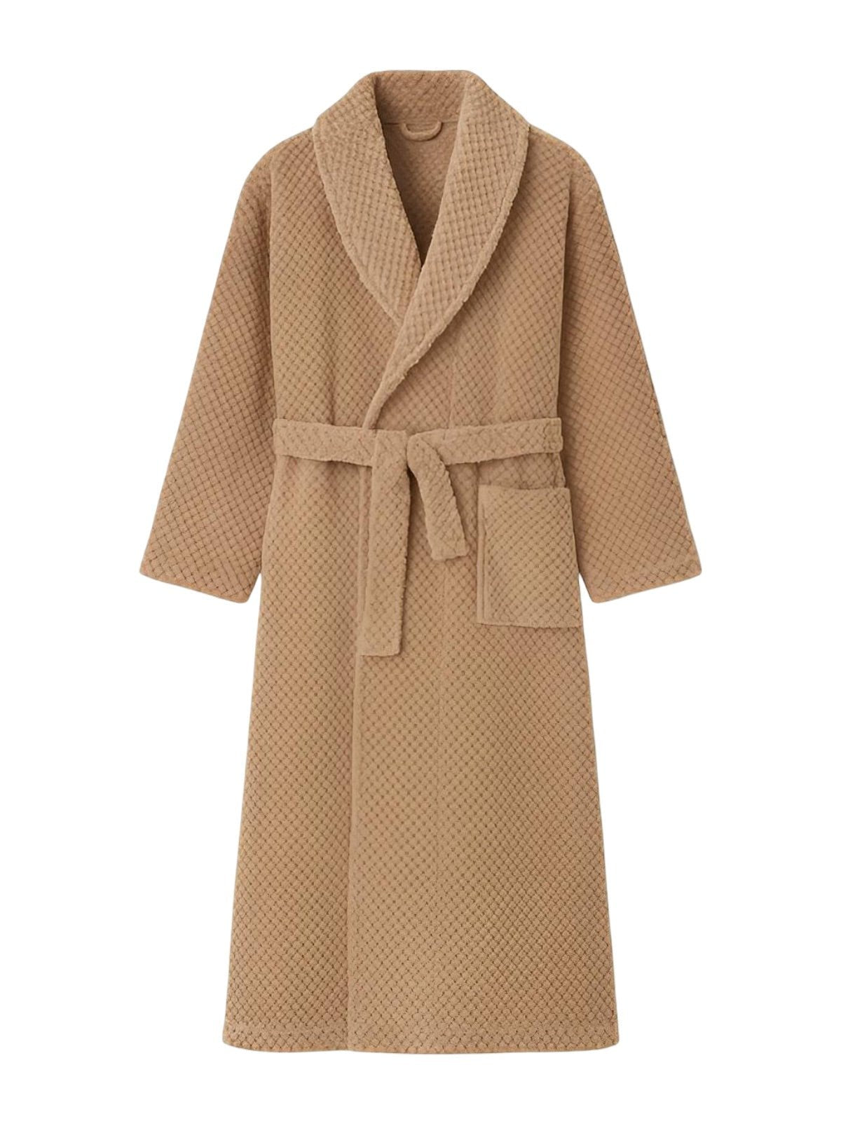 Peignoir homme femme, coton doux texturé, col châle, ceinture amovible, deux poches pratiques, confort maison, mi - mollet, modèle Junia - Peignoir - Marron M