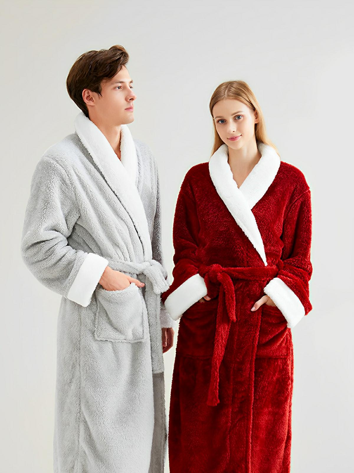 Peignoir polaire doux, peignoir long mixte hiver, ceinture amovible, col châle contrasté, poches pratiques, confort cocooning, plusieurs couleurs, modèle Cassiope - Peignoir - Bordeaux M