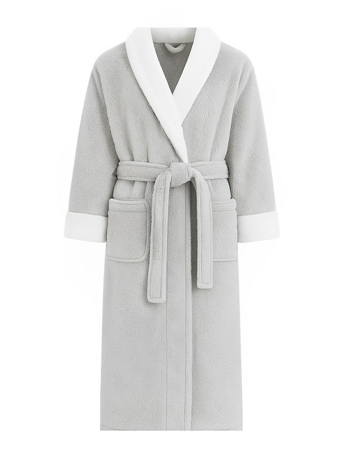 Peignoir polaire doux, peignoir long mixte hiver, ceinture amovible, col châle contrasté, poches pratiques, confort cocooning, plusieurs couleurs, modèle Cassiope - Peignoir - Gris M
