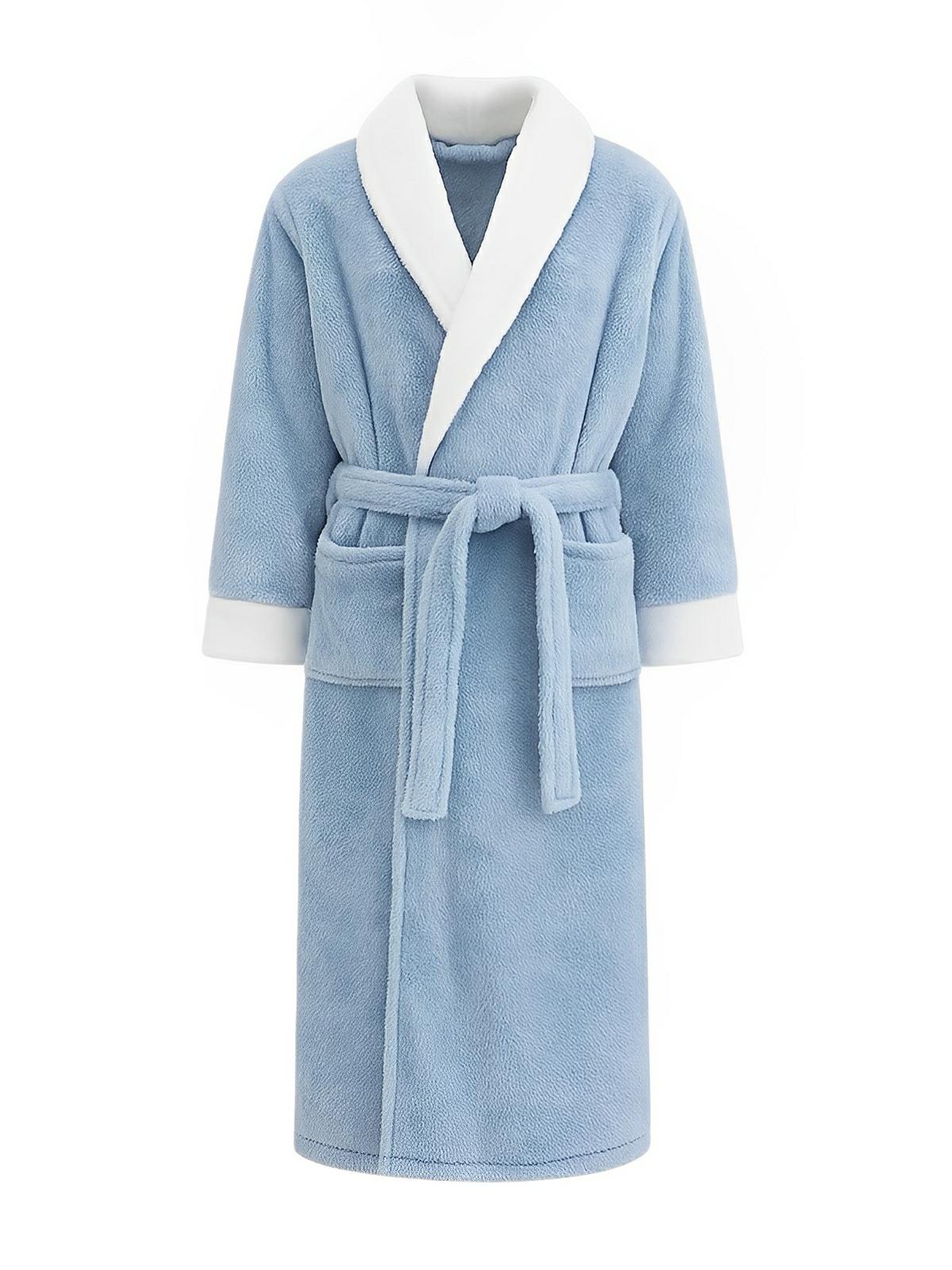 Peignoir polaire doux, peignoir long mixte hiver, ceinture amovible, col châle contrasté, poches pratiques, confort cocooning, plusieurs couleurs, modèle Cassiope - Peignoir - Bleu M