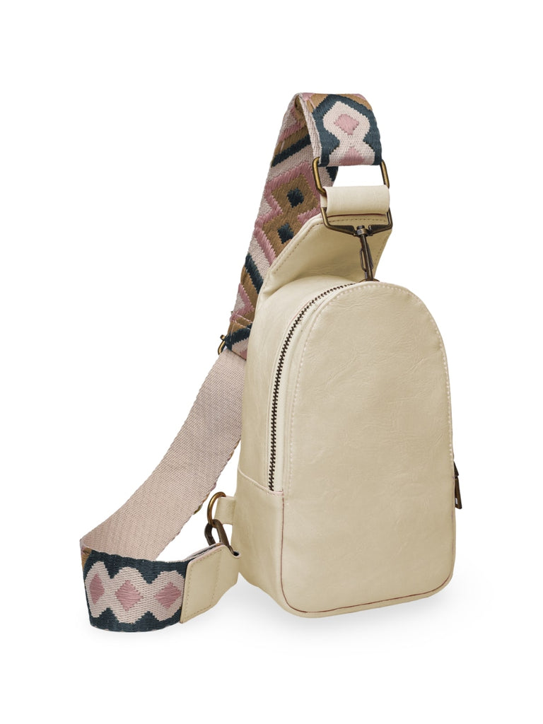 Petit sac bandoulière femme, sac de poitrine compact, style bohème, sangle large réglable, fermeture, modèle Vida - Sac Bandoulière - Beige