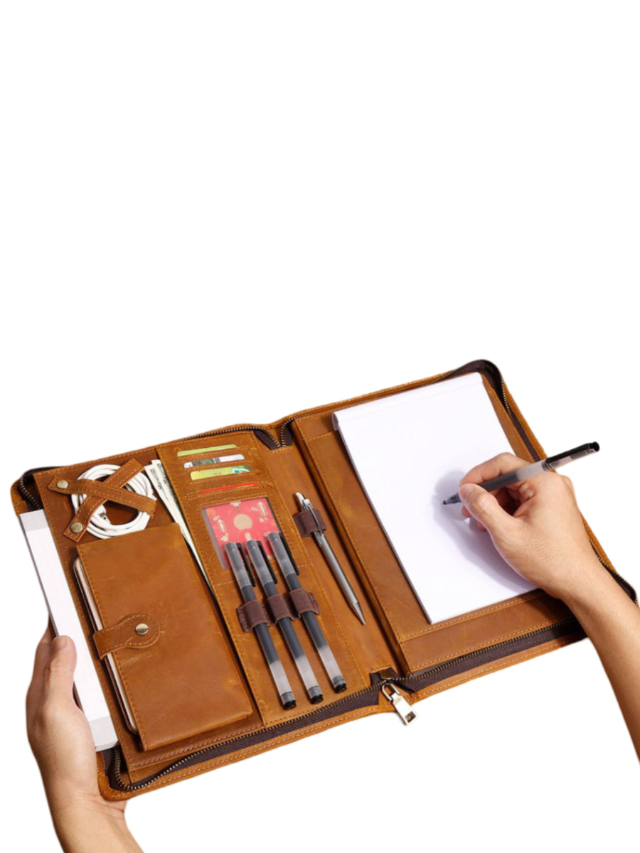 Genuine leather case for tablet, document holder and pen storage, compatible with iPad, business style, Victorian model