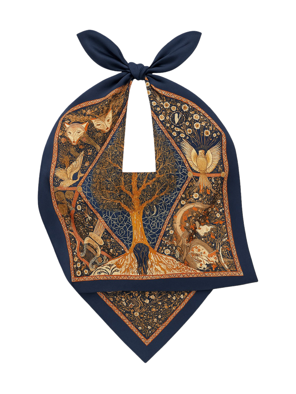 Foulard carré femme, imprimé arbre de vie, bleu nuit et doré, foulard léger en imitation satin, accessoire cheveux ou cou, grand foulard 90x90, style poétique animalier, modèle Aria