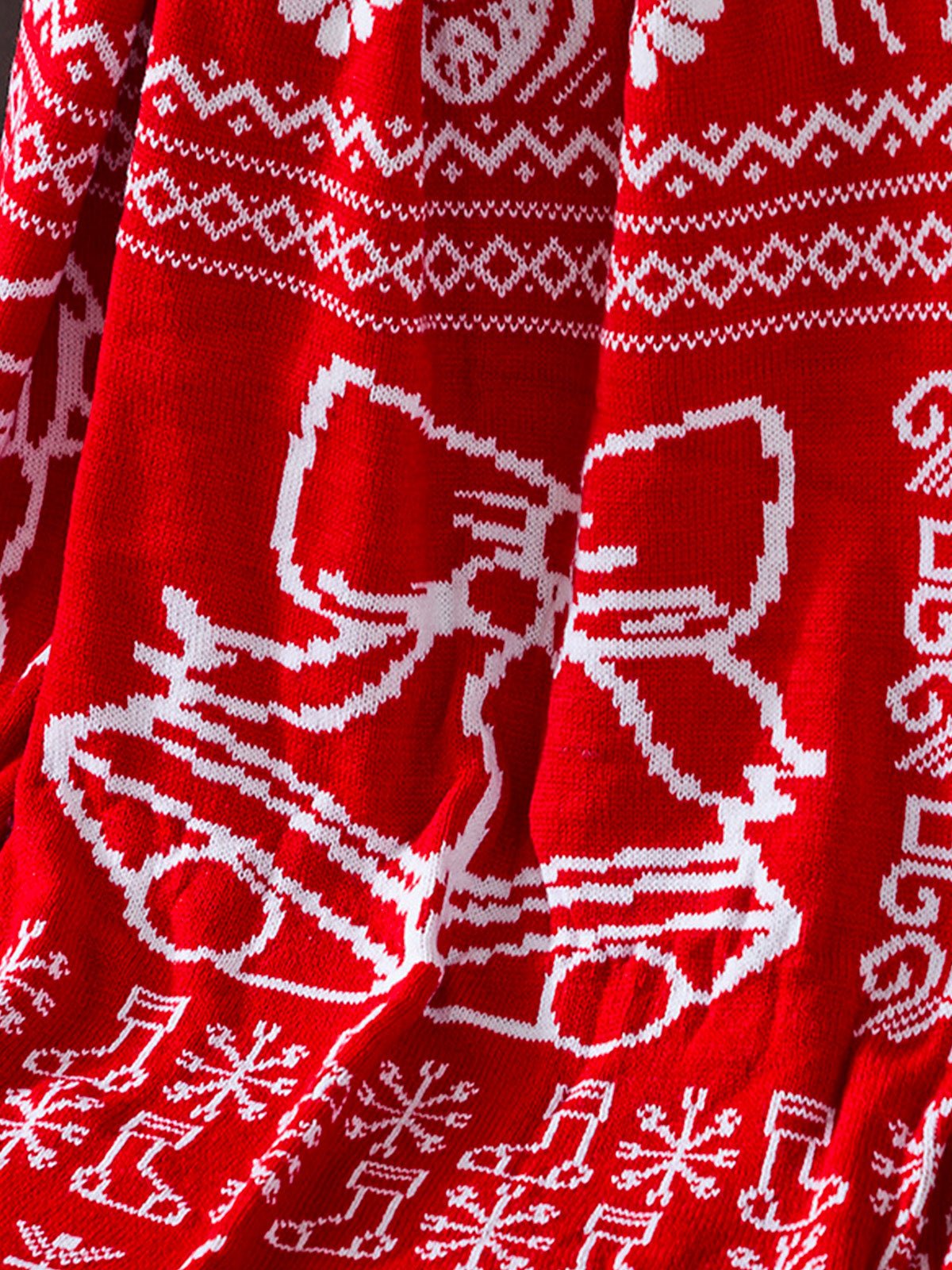 Plaid de Noël rouge, Jeté de canapé chaleureux, Couverture tricotée hiver, Motifs cerf et cloche, Déco festive cocooning, modèle Elif - Rouge