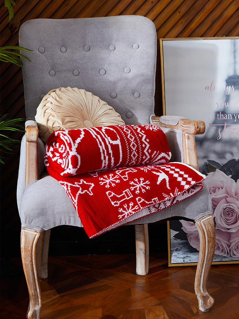 Plaid de Noël rouge, Jeté de canapé chaleureux, Couverture tricotée hiver, Motifs cerf et cloche, Déco festive cocooning, modèle Elif - Rouge