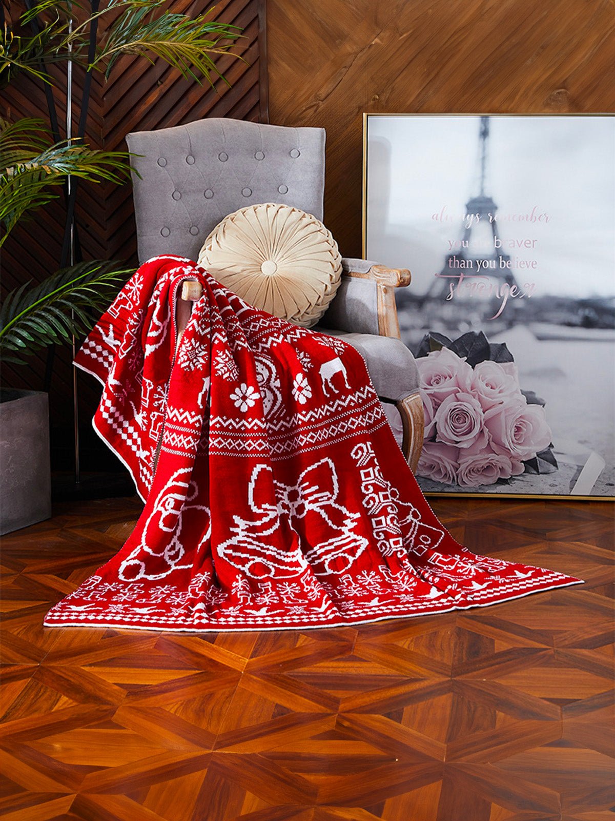 Plaid de Noël rouge, Jeté de canapé chaleureux, Couverture tricotée hiver, Motifs cerf et cloche, Déco festive cocooning, modèle Elif - Rouge