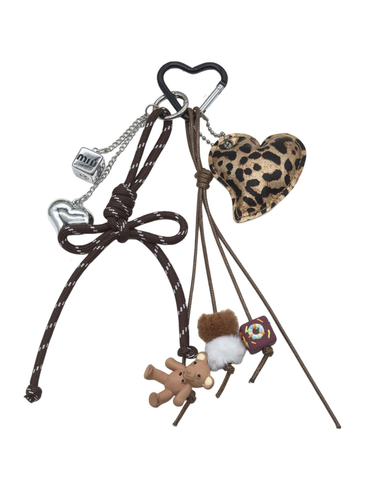 Porte - clés sac cœur léopard, bijou fantaisie, breloques peluche, nœud décoratif, attache mousqueton, modèle Savana - Beige