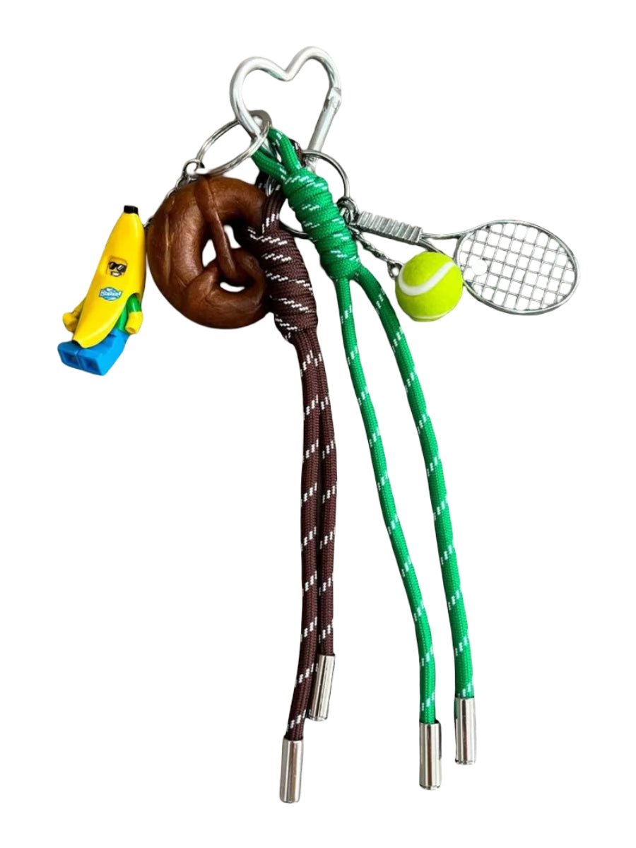 Porte - clés sac fantaisie, breloques sport et fun, banane lego, bretzel, tennis, corde colorée, modèle Vayana - Multicolore