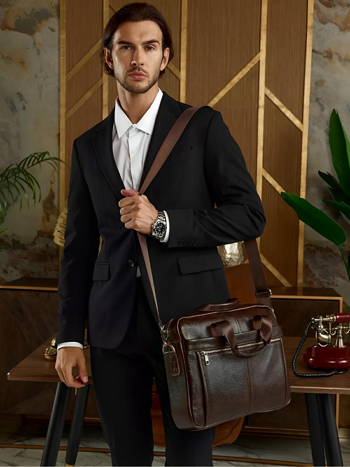 Porte - Document en Cuir, pour homme en cuir véritable, bandoulière réglable, style business, grande capacité, modèle Éric - Porte - document - Marron