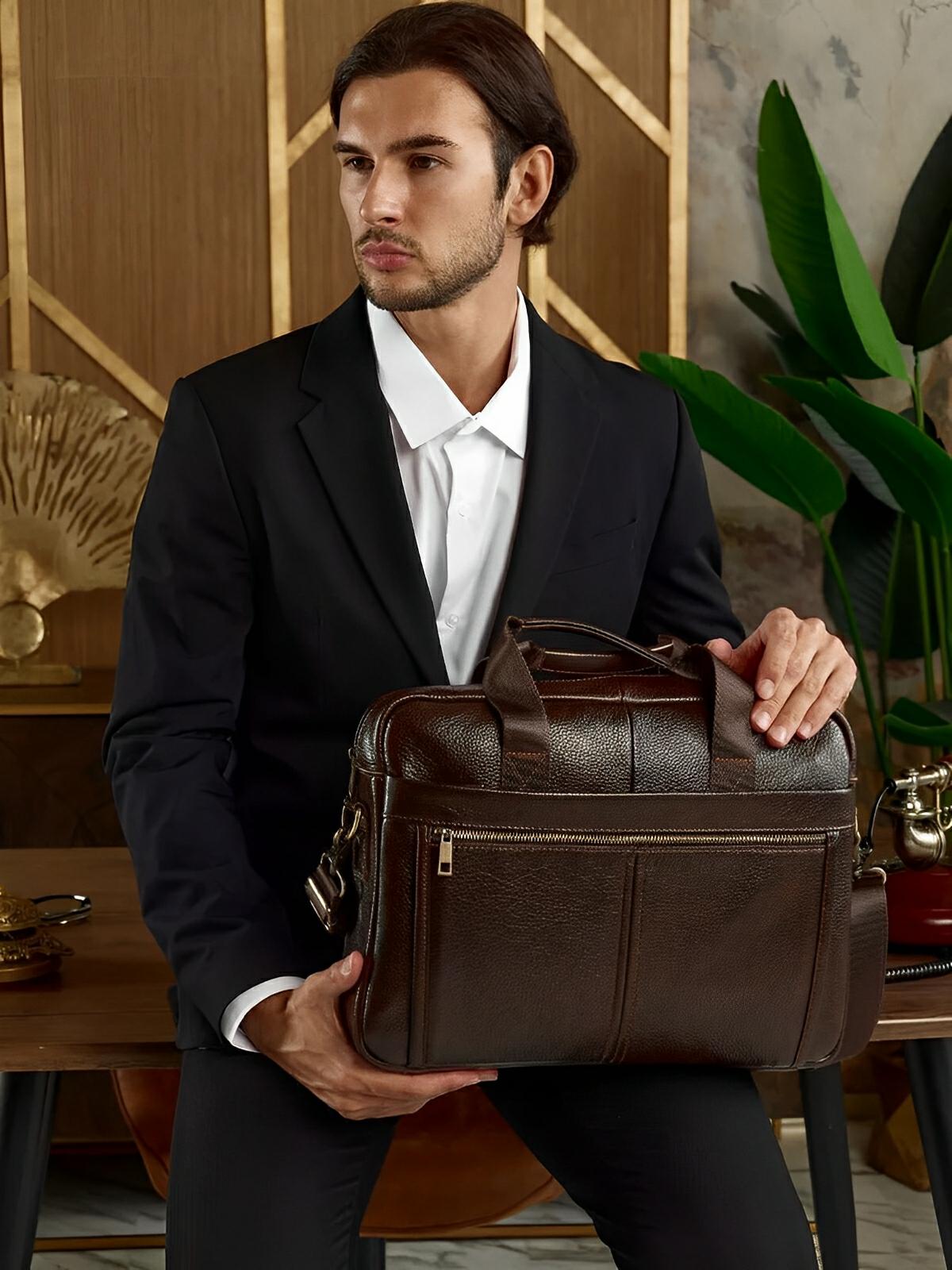 Porte - Document en Cuir, pour homme en cuir véritable, bandoulière réglable, style business, grande capacité, modèle Éric - Porte - document - Marron