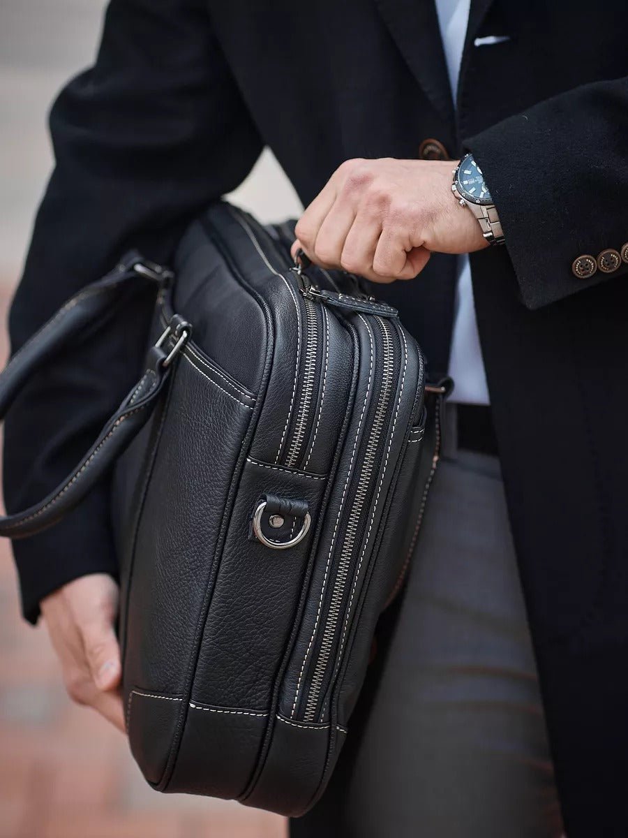 Porte - documents homme en cuir, porte - documents noir, sac ordinateur 14 pouces, sacoche affaires, sac business épaule, sac de cours, sac de professeur, modèle Zak - Porte - document - Noir