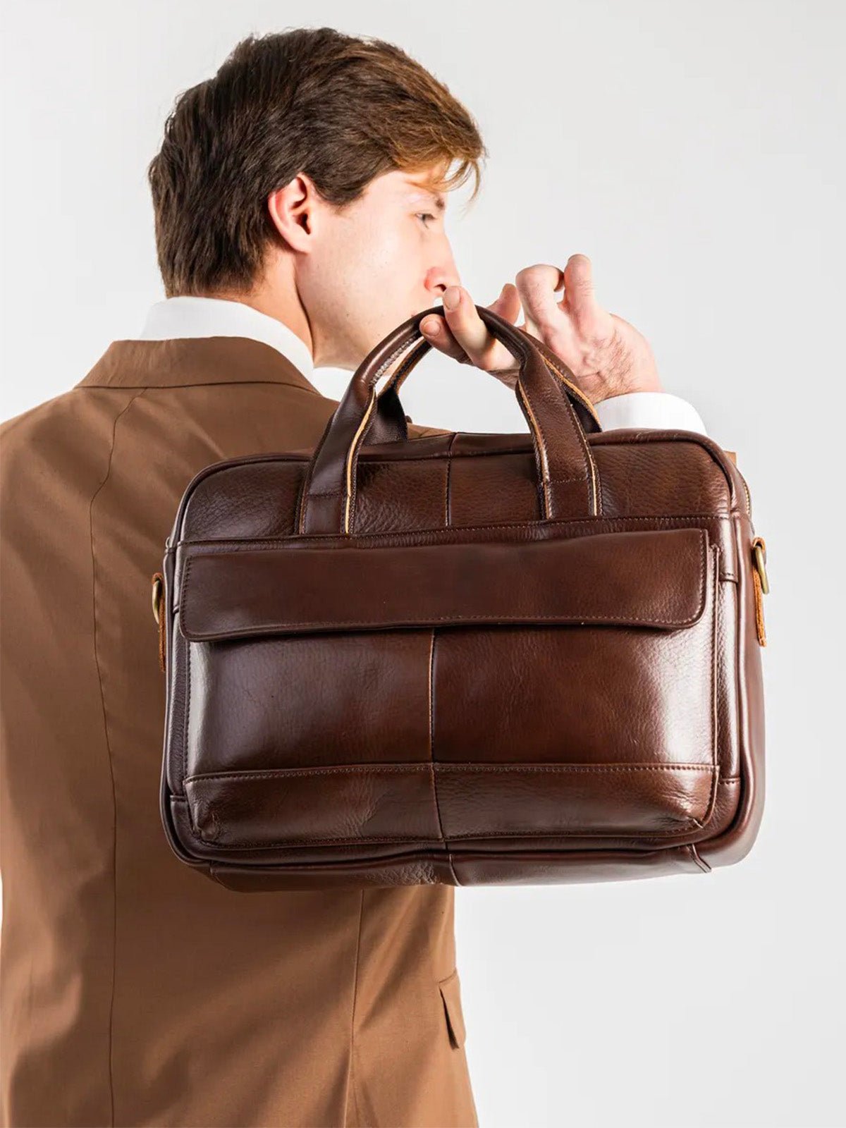 Porte - documents homme en cuir, sac ordinateur portable 14 pouces, sac bandoulière, sac business, sac de professeur, école, modèle Amard - Porte - document - Marron