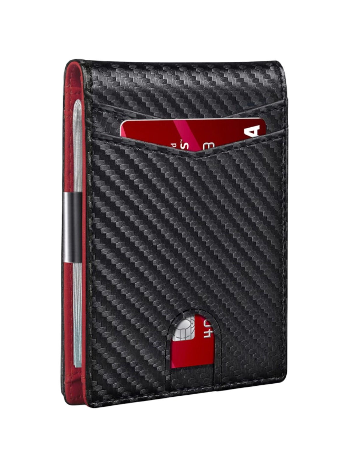 Portefeuille bifold compact, carbone, carte bancaire, sécurité RFID, ultra fin, porte billets, modèle Kazo - Porte - feuille - Noir et rouge