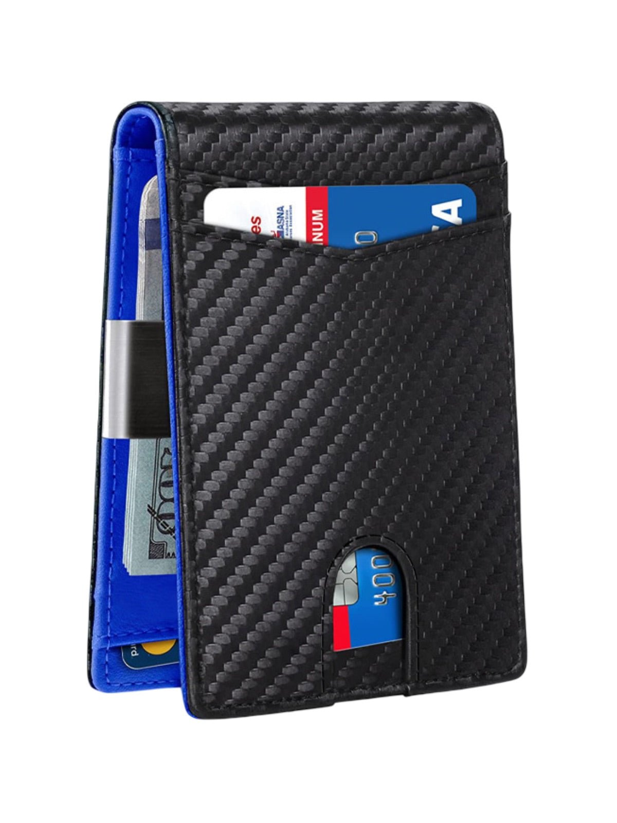 Portefeuille bifold compact, carbone, carte bancaire, sécurité RFID, ultra fin, porte billets, modèle Kazo - Porte - feuille - Noir et bleu