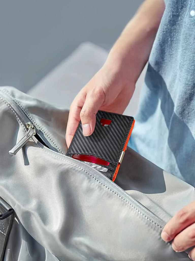 Portefeuille bifold compact, carbone, carte bancaire, sécurité RFID, ultra fin, porte billets, modèle Kazo - Porte - feuille - Noir et orange
