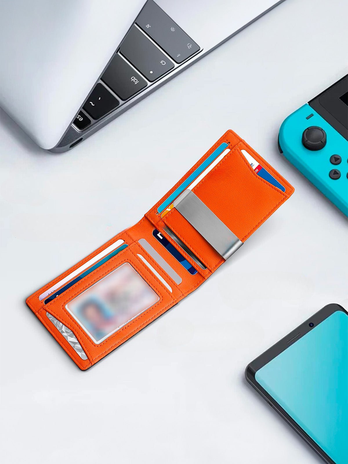 Portefeuille bifold compact, carbone, carte bancaire, sécurité RFID, ultra fin, porte billets, modèle Kazo - Porte - feuille - Noir et orange