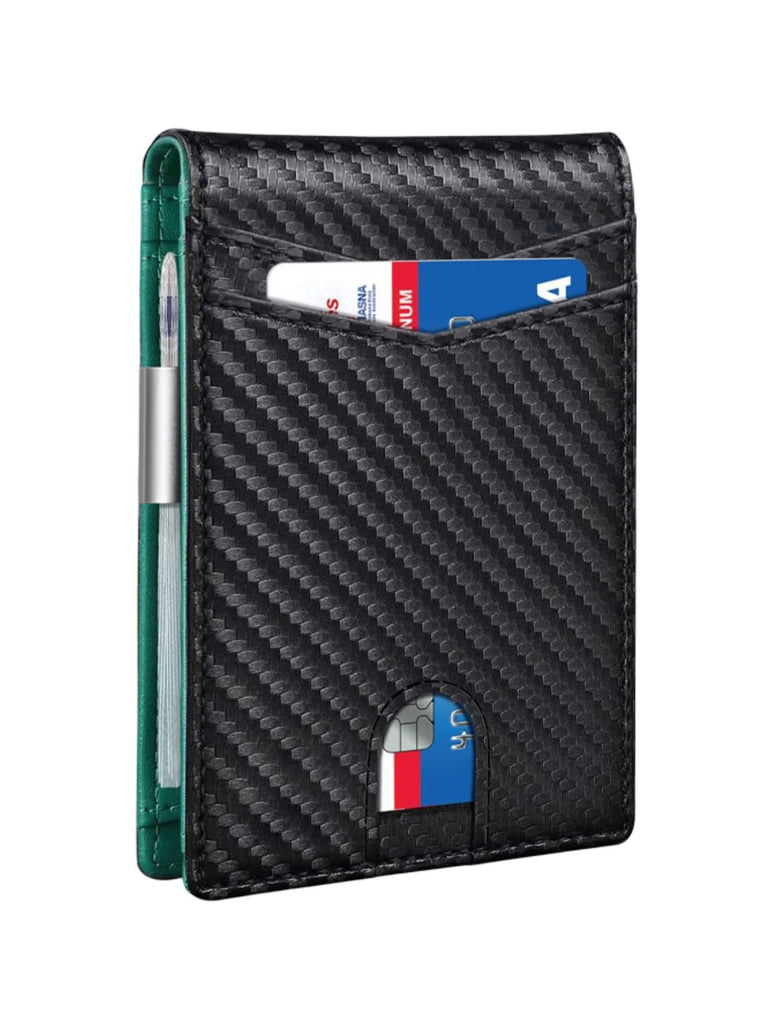 Portefeuille bifold compact, carbone, carte bancaire, sécurité RFID, ultra fin, porte billets, modèle Kazo - Porte - feuille - Noir et vert