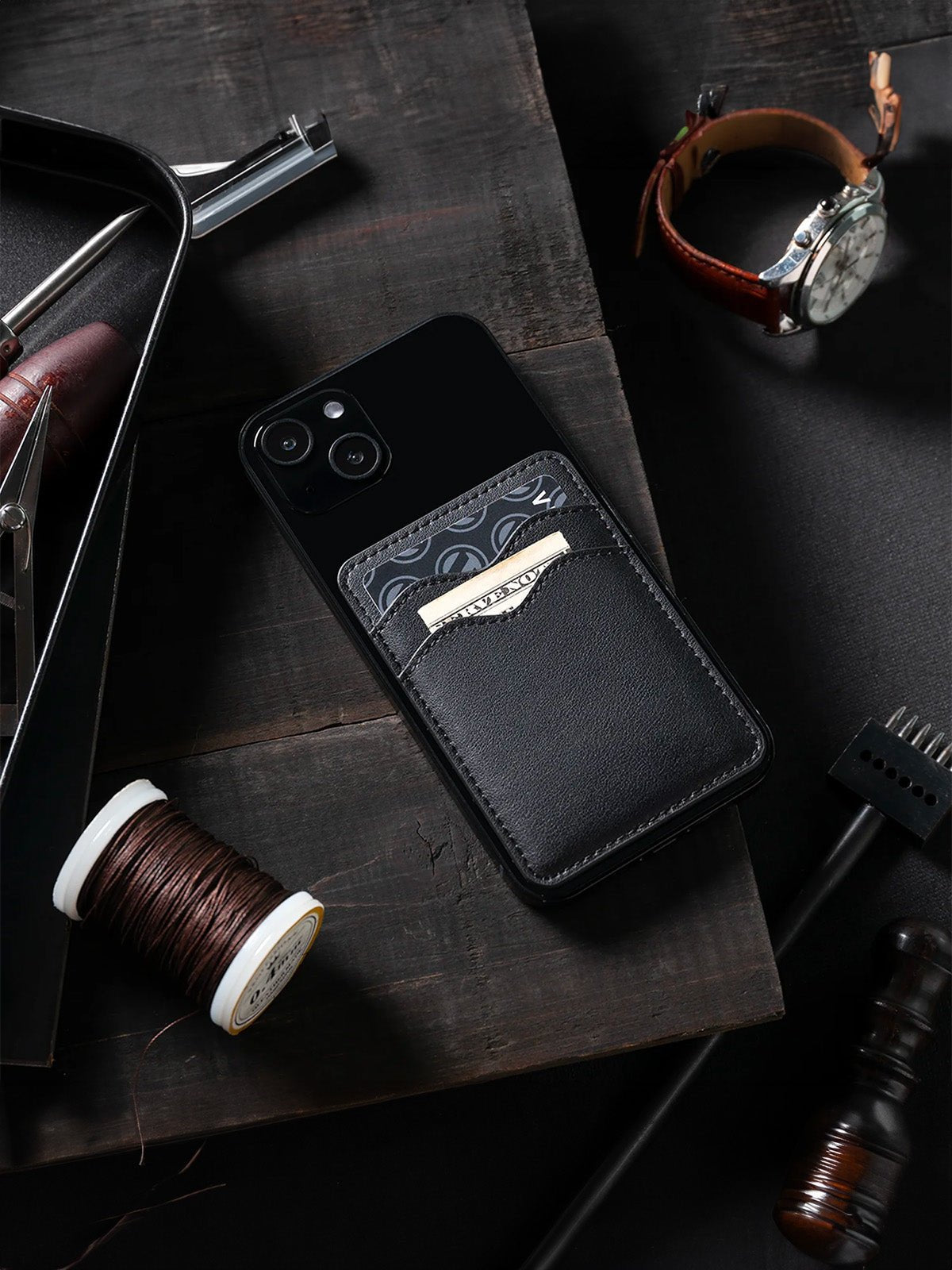 Portefeuille carte téléphone, cuir noir, format ultra - fin, RFID sécurisé, design magnétique, modèle Axion - Porte - feuille - Noir