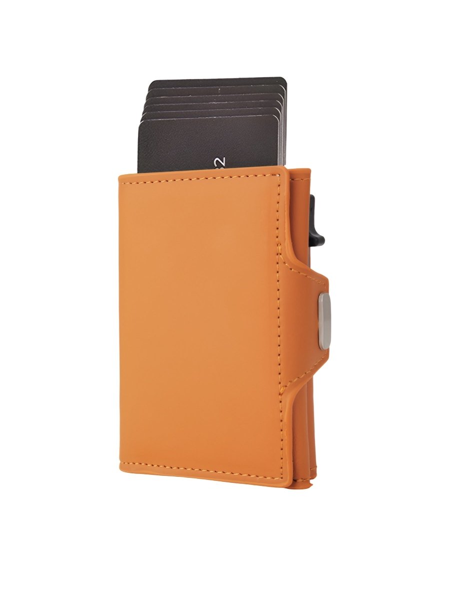 Portefeuille compact RFID, carte éjection automatique, en simili vegan, ultra - fin, modèle Basile - Porte - feuille - Cognac