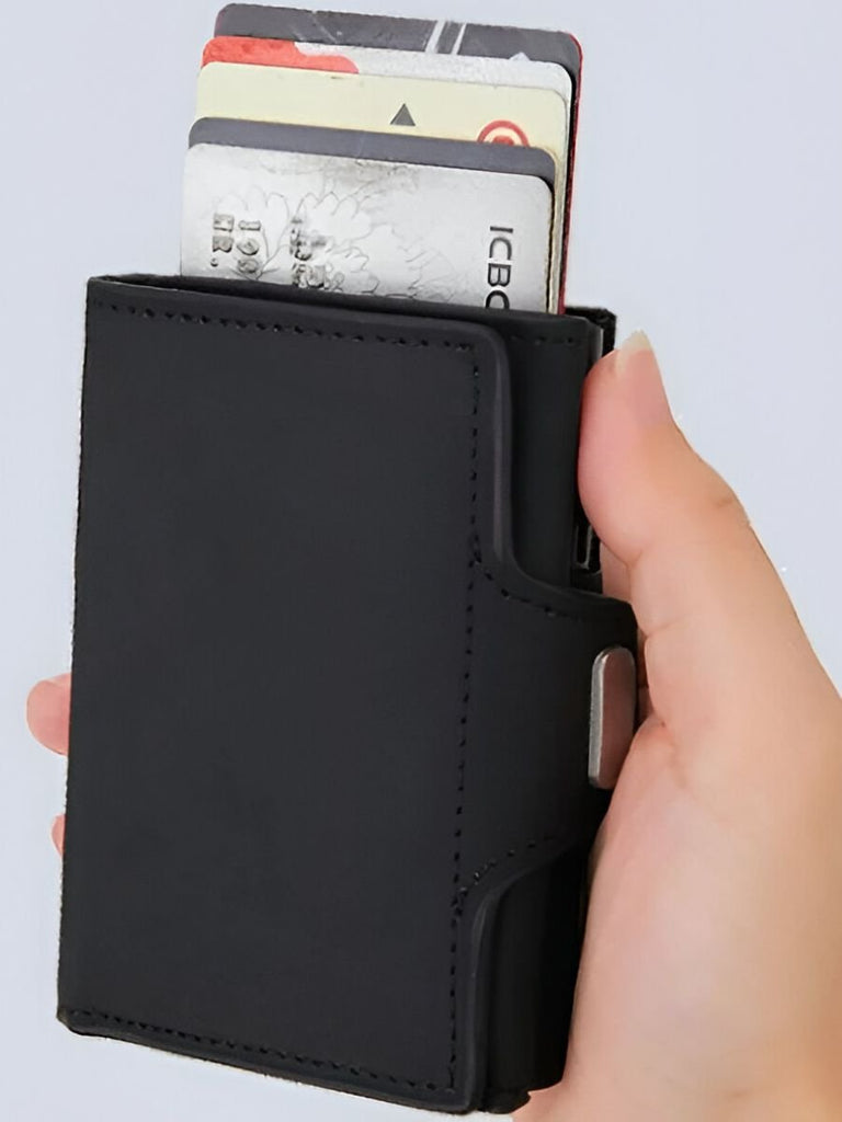 Portefeuille compact RFID, carte éjection automatique, en simili vegan, ultra - fin, modèle Basile - Porte - feuille - Noir