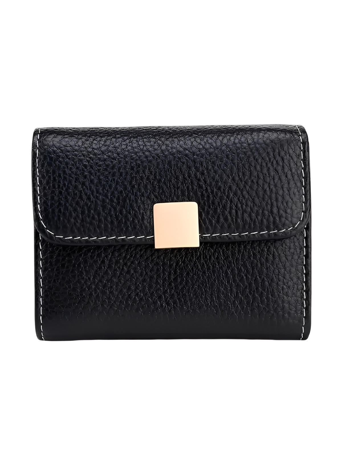 Portefeuille femme compact cuir grainé, porte - cartes sécurisé, format mini, bouton - pression doré, rangement accordéon, modèle Judith - Porte - feuille - Noir
