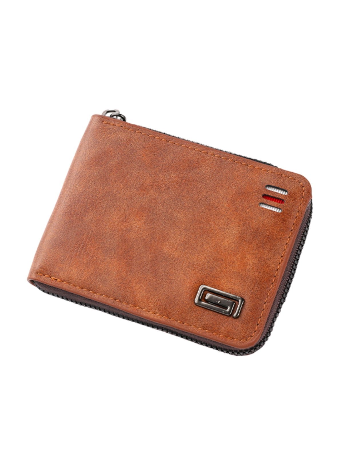 Portefeuille homme compact, fermeture zippée, simili vegan, trifold, format poche, modèle Stormy - Porte - feuille - Cognac