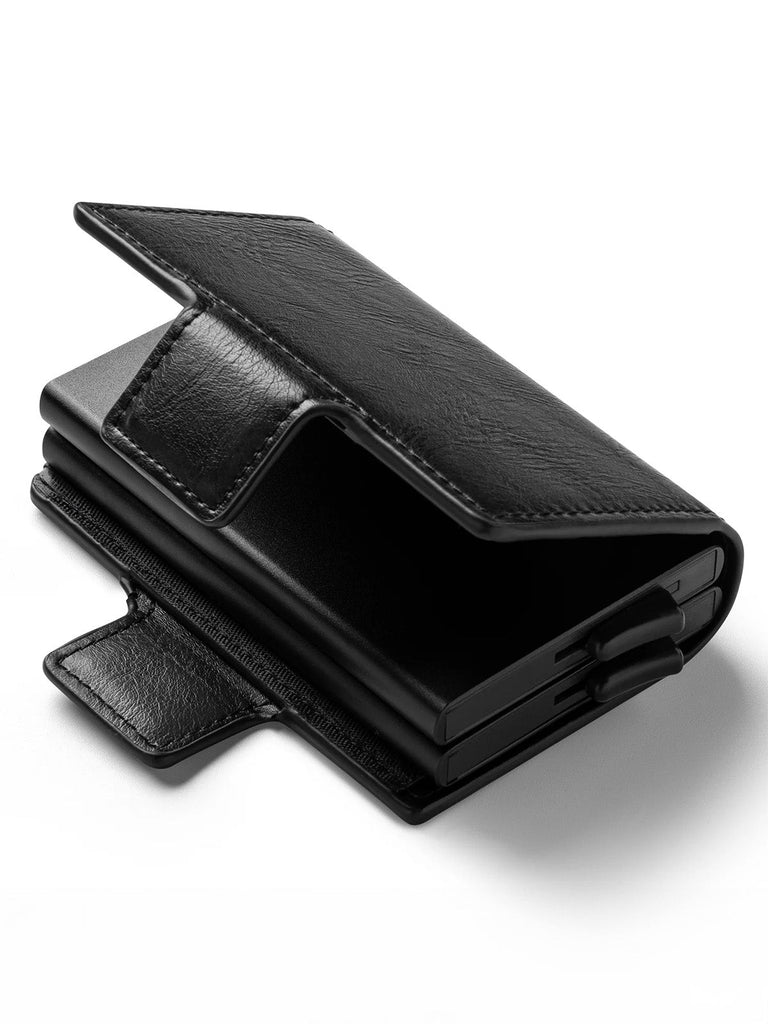 Portefeuille homme compact RFID, cuir noir, double boîtier aluminium, accès rapide cartes, porte - billets, modèle Juno - Porte - feuille - Noir