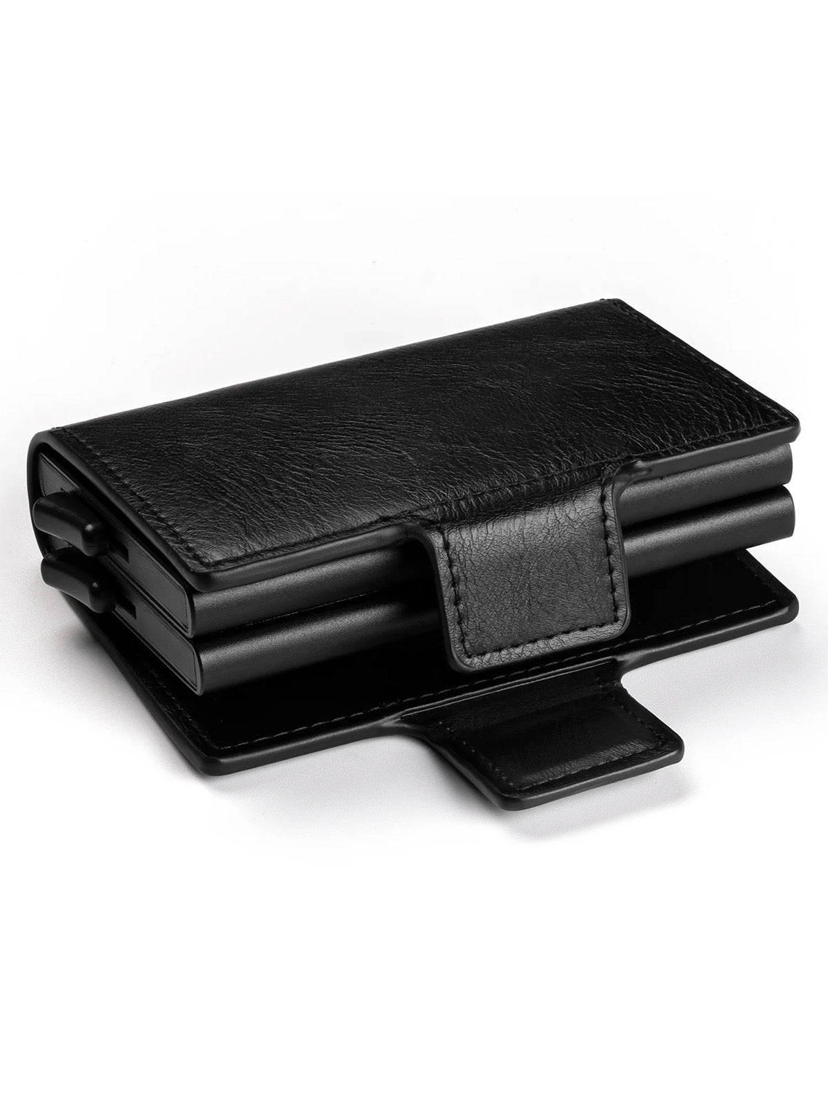 Portefeuille homme compact RFID, cuir noir, double boîtier aluminium, accès rapide cartes, porte - billets, modèle Juno - Porte - feuille - Noir