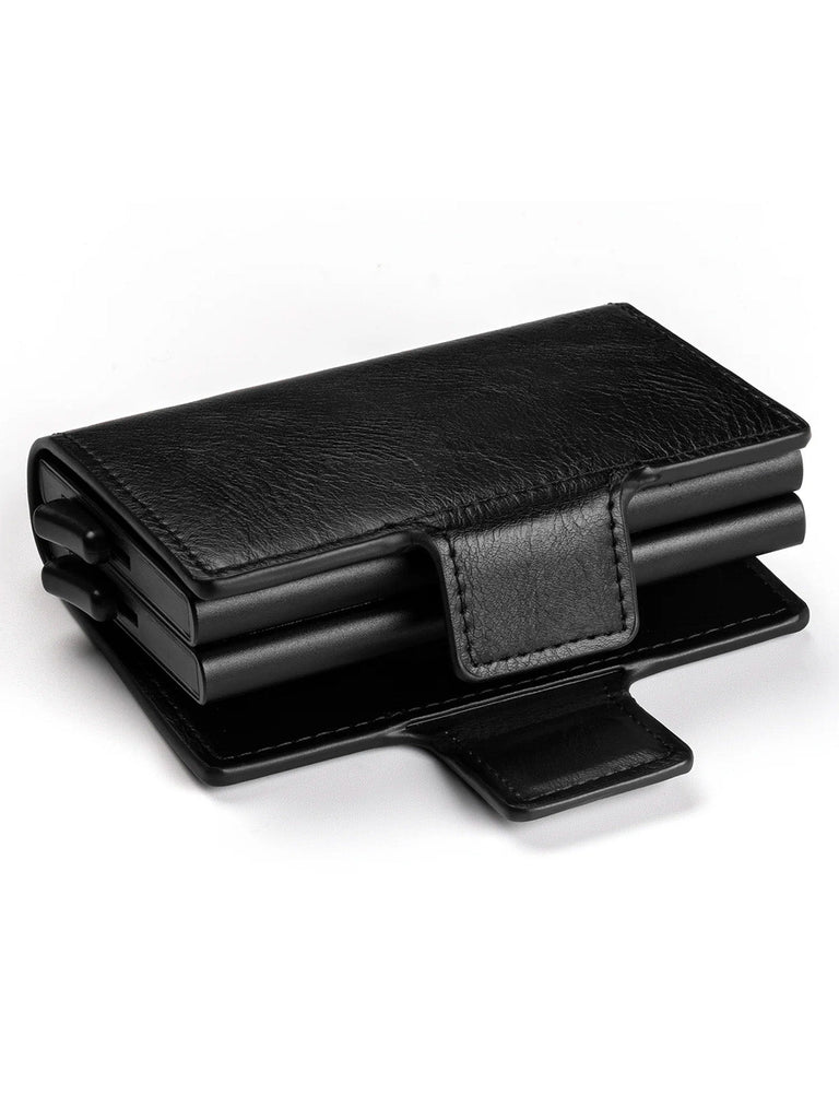 Portefeuille homme compact RFID, cuir noir, double boîtier aluminium, accès rapide cartes, porte - billets, modèle Juno - Porte - feuille - Noir