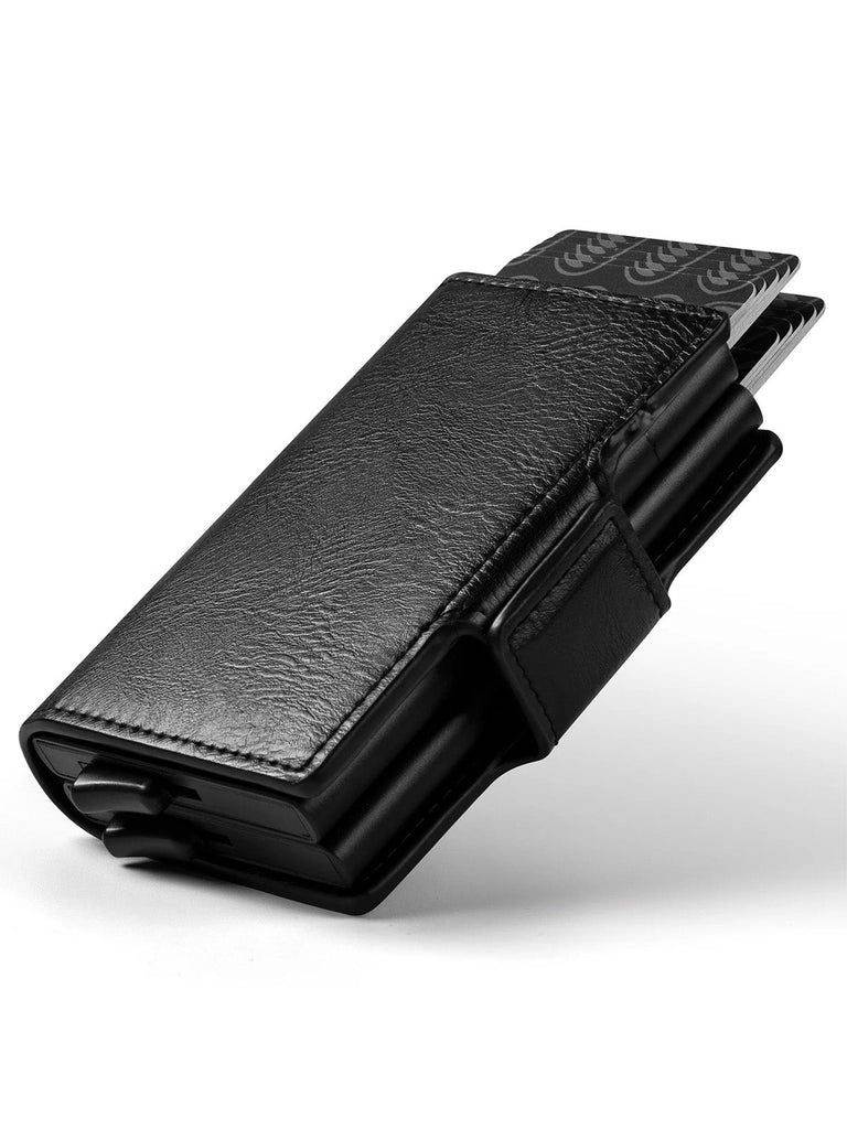 Portefeuille homme compact RFID, cuir noir, double boîtier aluminium, accès rapide cartes, porte - billets, modèle Juno - Porte - feuille - Noir