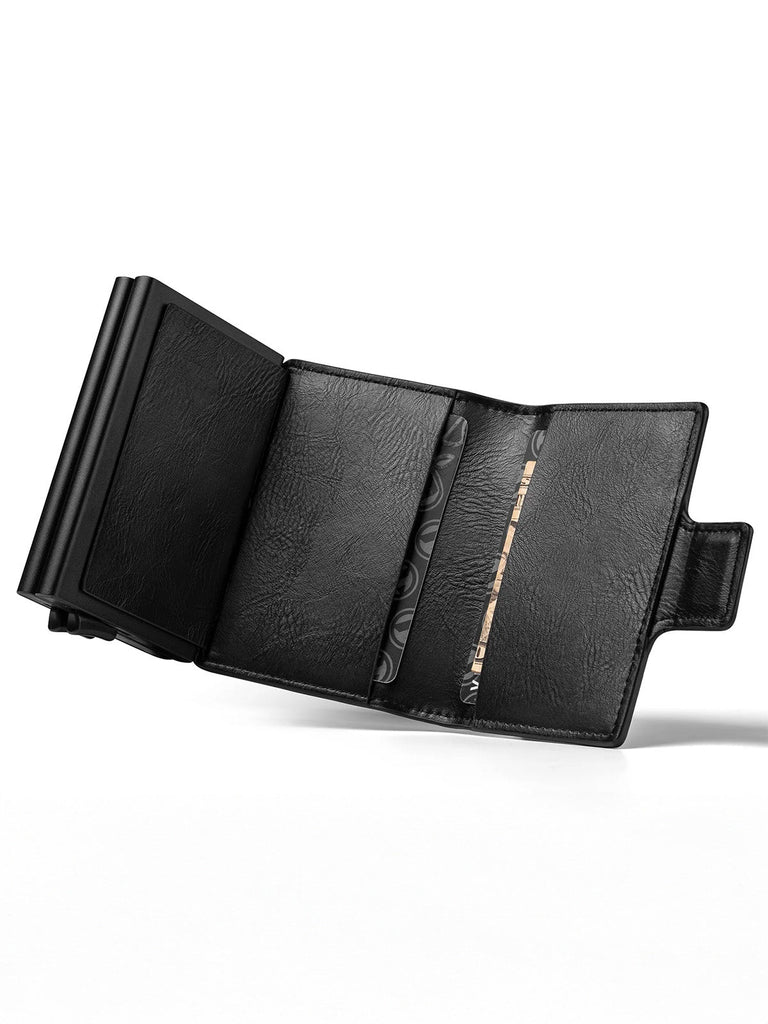 Portefeuille homme compact RFID, cuir noir, double boîtier aluminium, accès rapide cartes, porte - billets, modèle Juno - Porte - feuille - Noir