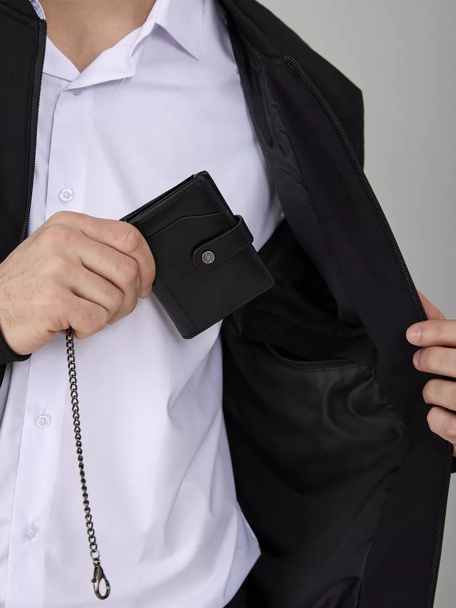 Portefeuille homme cuir véritable, protection RFID, compact, avec chaîne de sécurité, modèle Romaric - Porte - feuille - Noir