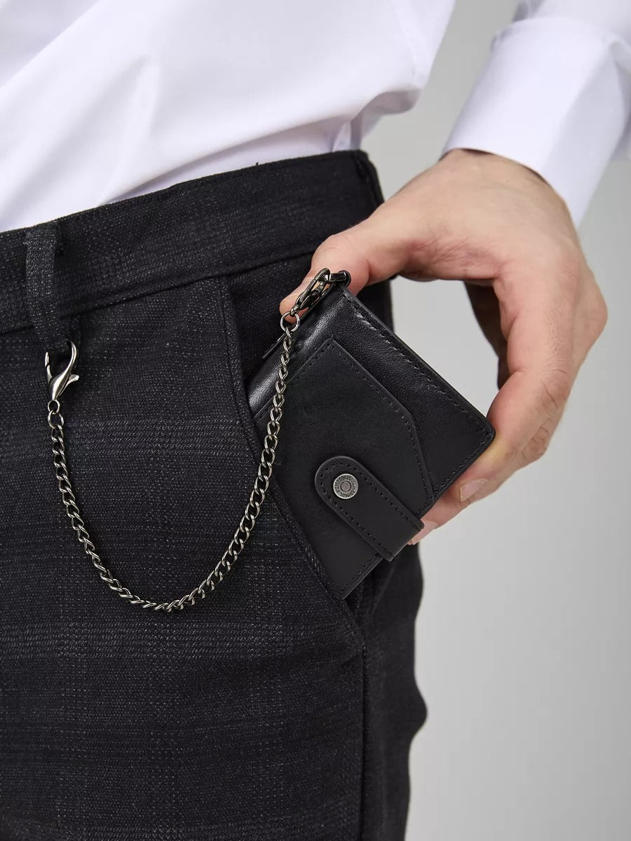 Portefeuille homme cuir véritable, protection RFID, compact, avec chaîne de sécurité, modèle Romaric - Porte - feuille - Noir