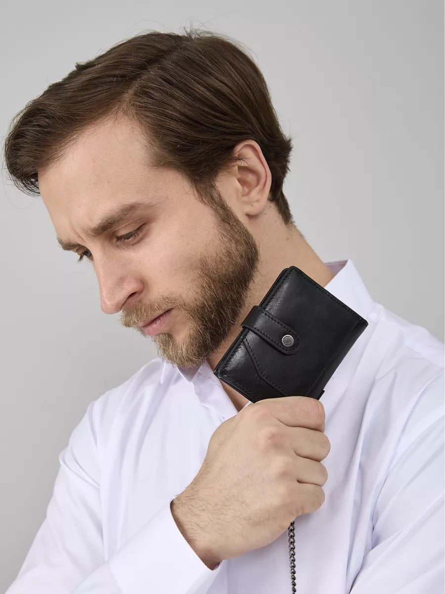 Portefeuille homme cuir véritable, protection RFID, compact, avec chaîne de sécurité, modèle Romaric - Porte - feuille - Noir