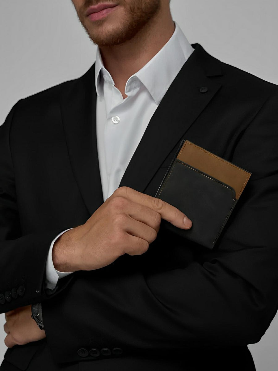 Portefeuille homme, design bicolore, grande capacité, compartiments multiples, en simili vegan, format compact, modèle Hugon - Porte - feuille - Noir