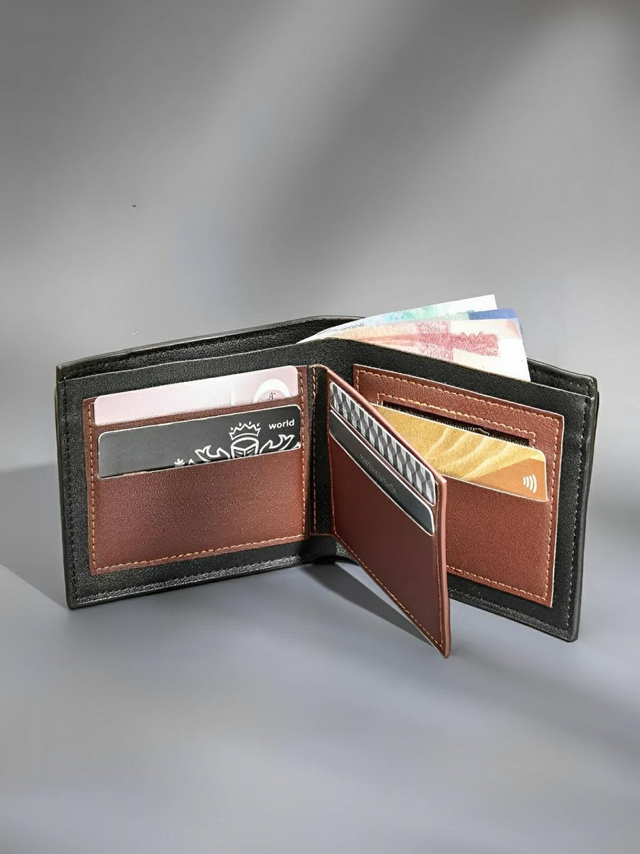 Portefeuille homme, design bicolore, grande capacité, compartiments multiples, en simili vegan, format compact, modèle Hugon - Porte - feuille - Noir