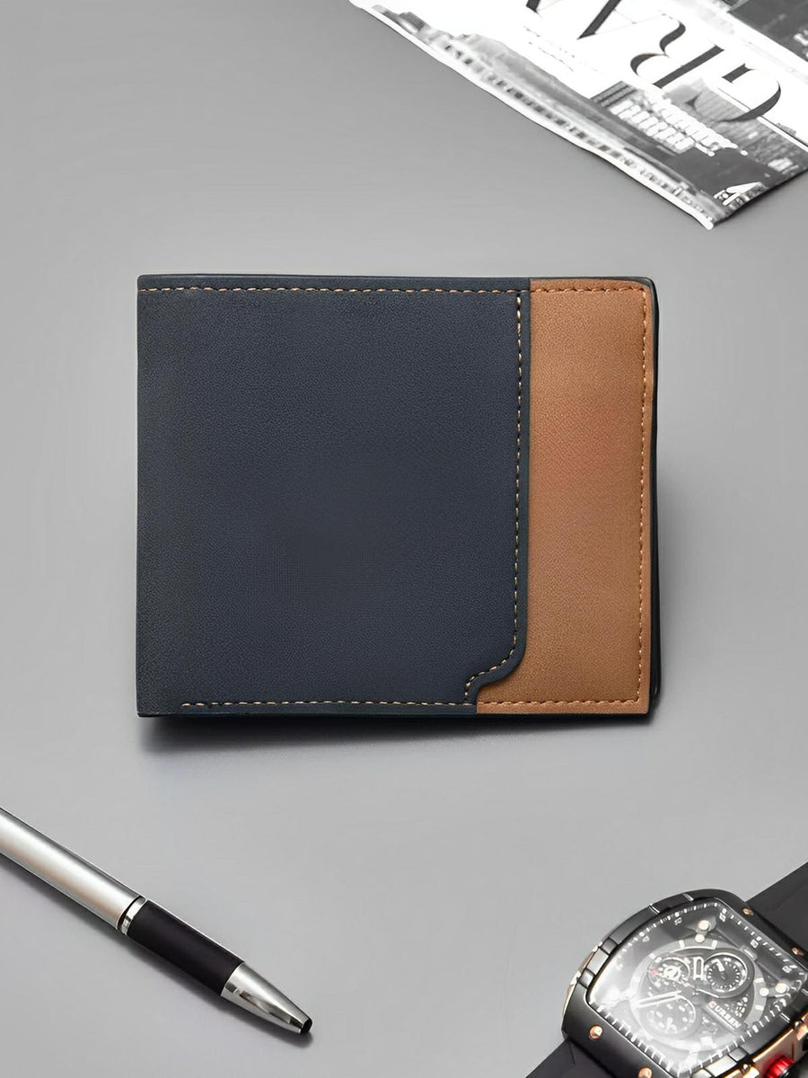 Portefeuille homme, design bicolore, grande capacité, compartiments multiples, en simili vegan, format compact, modèle Hugon - Porte - feuille - Noir