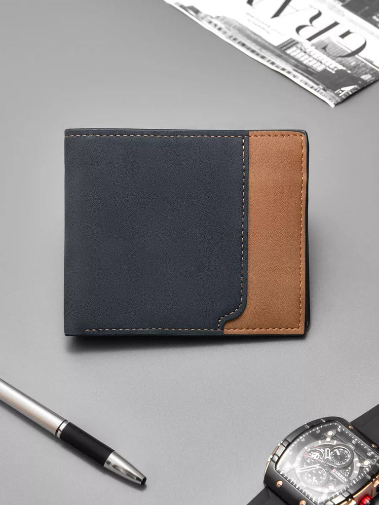 Portefeuille homme, design bicolore, grande capacité, compartiments multiples, en simili vegan, format compact, modèle Hugon - Porte - feuille - Noir