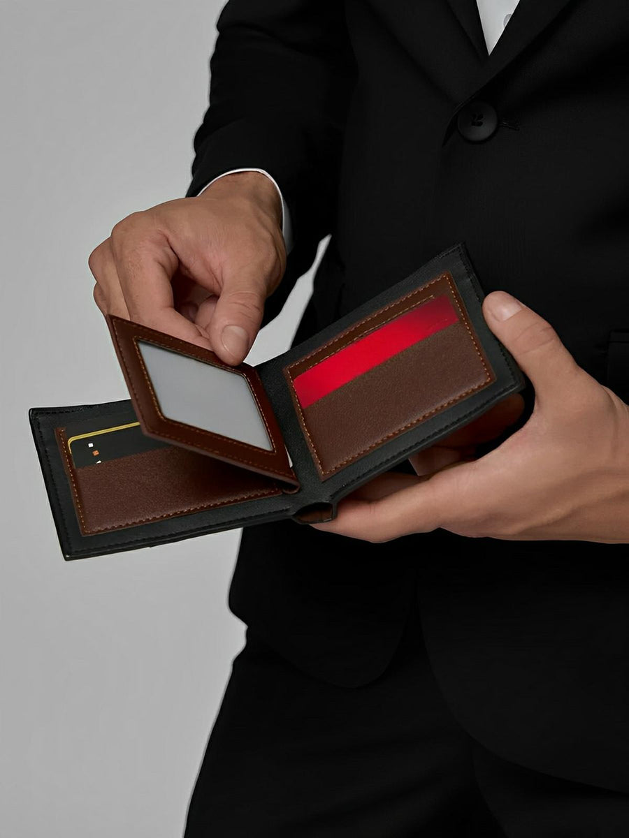 Portefeuille homme, design bicolore, grande capacité, compartiments multiples, en simili vegan, format compact, modèle Hugon - Porte - feuille - Noir
