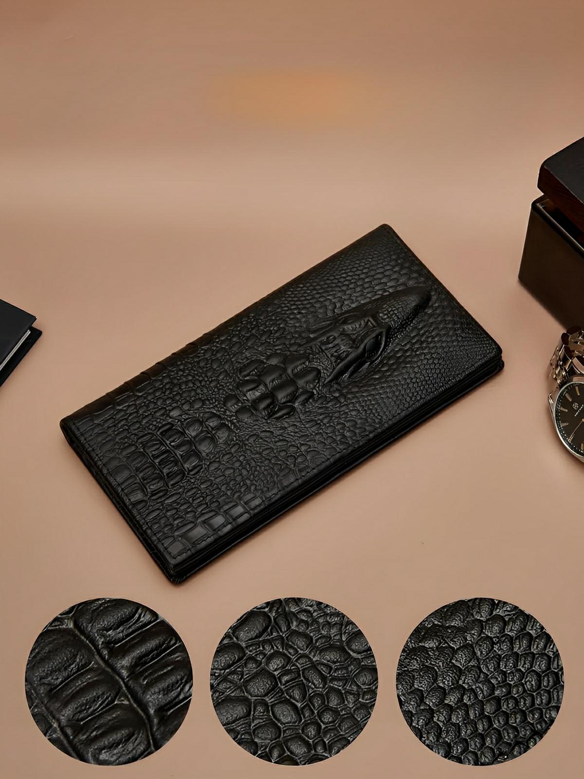 Portefeuille long cuir homme, texture crocodile, grande capacité, compartiments cartes et billets, modèle Sobek - Porte - feuille - Noir