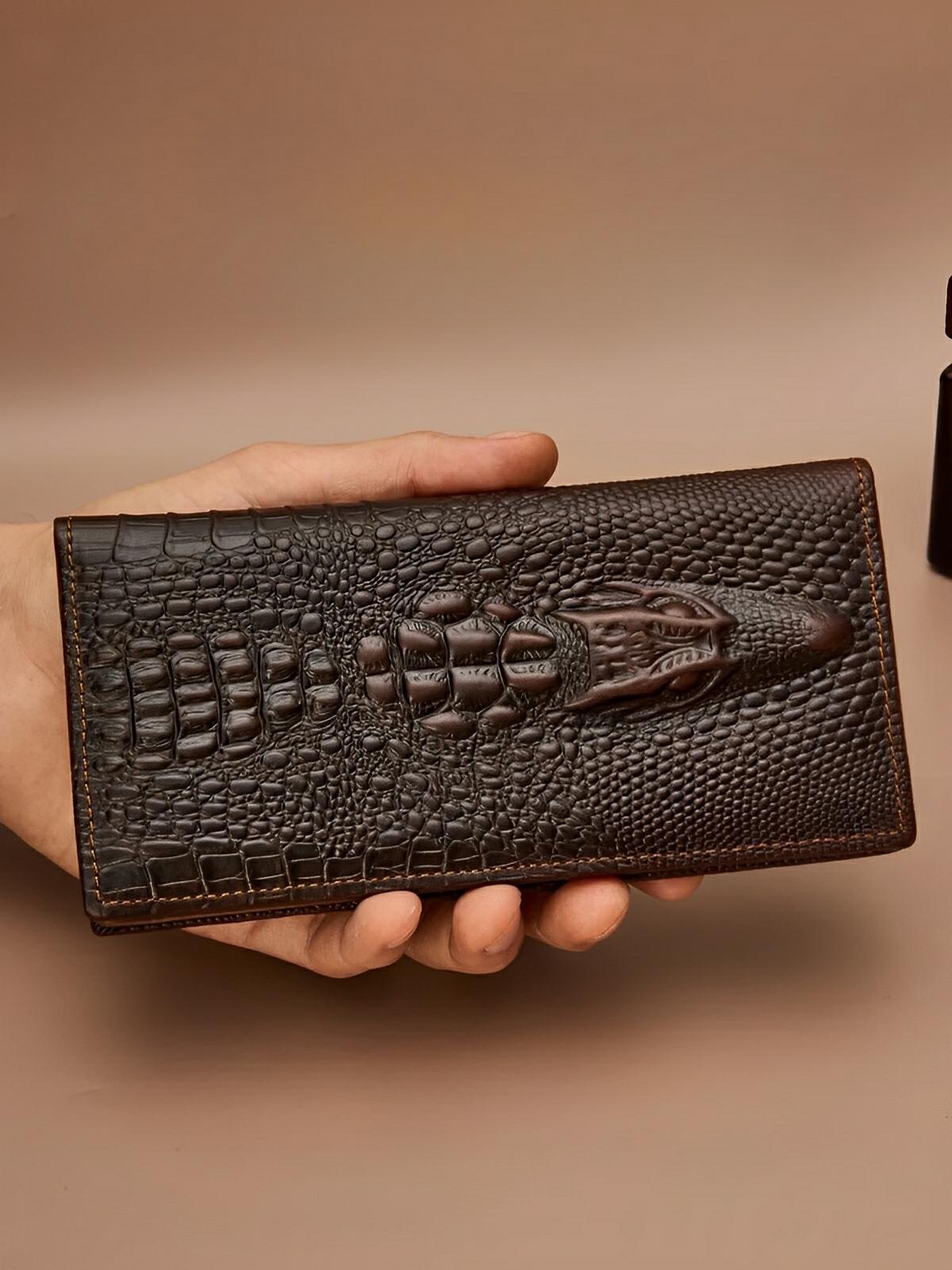 Portefeuille long cuir homme, texture crocodile, grande capacité, compartiments cartes et billets, modèle Sobek - Porte - feuille - Café