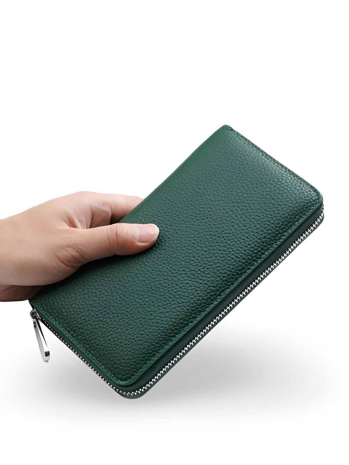Portefeuille long en cuir, grande capacité, fermeture zippée, compartiments multiples, rangement cartes et billets, design élégant, modèle Dominique - Porte - feuille - Vert