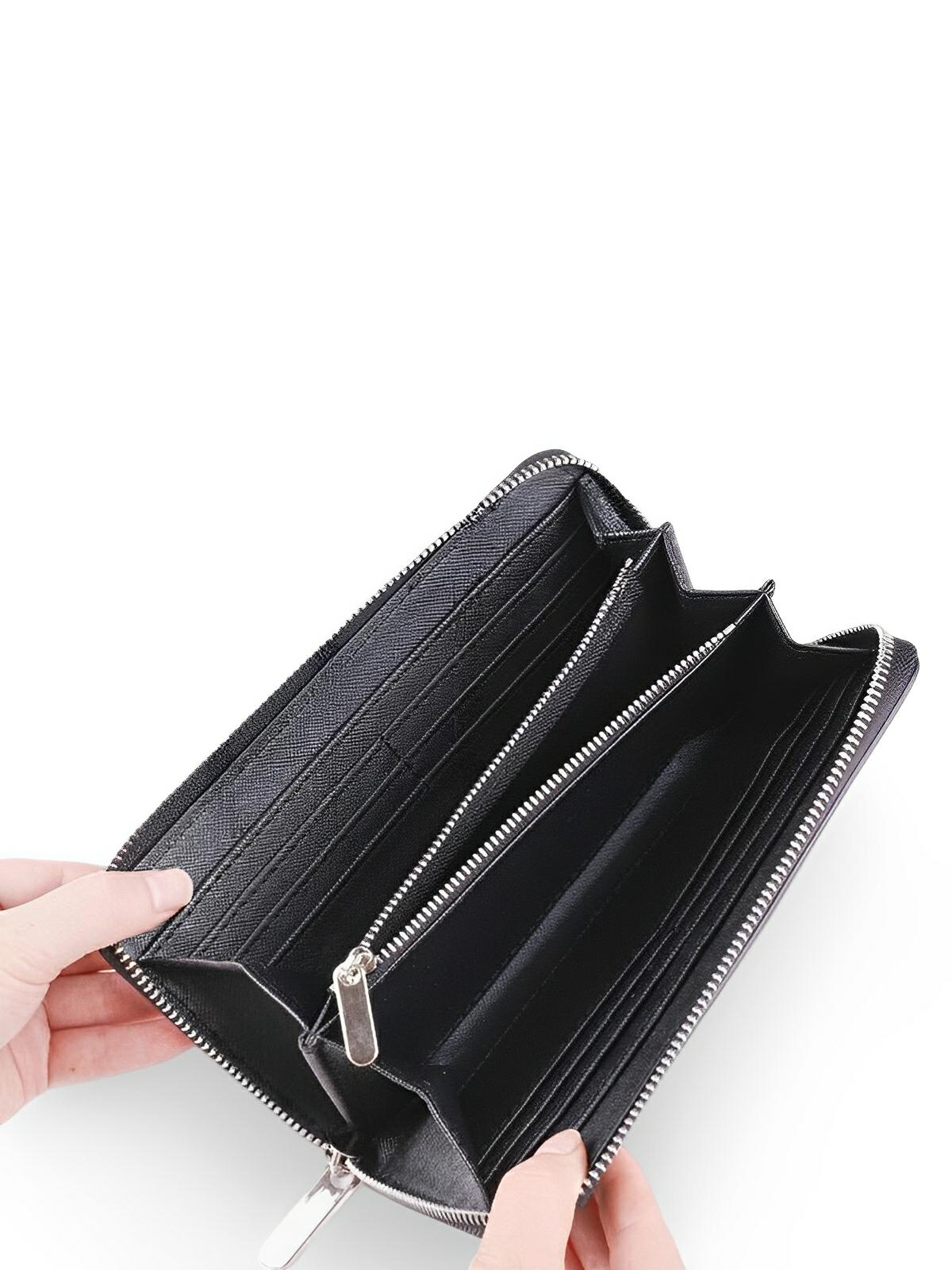 Portefeuille long en cuir, grande capacité, fermeture zippée, compartiments multiples, rangement cartes et billets, design élégant, modèle Dominique - Porte - feuille - Noir